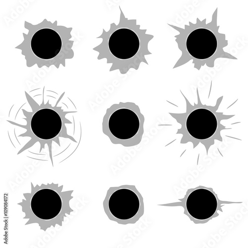 Bullet holes set flat vector template.