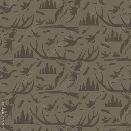 Seamless pattern for hunting theme. With deer, duck, gun, bird a