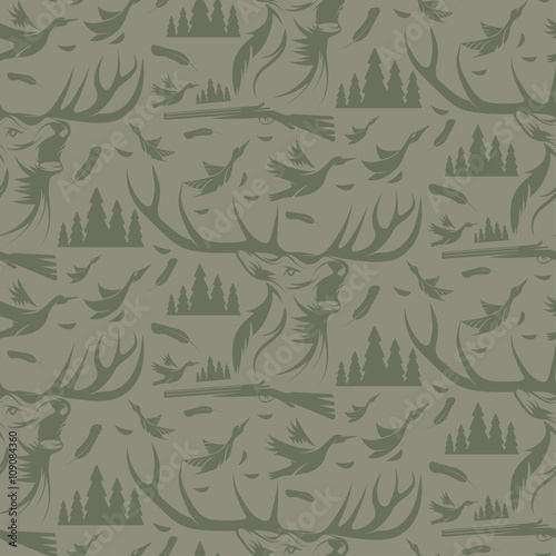Seamless pattern for hunting theme. With deer, duck, gun, bird a