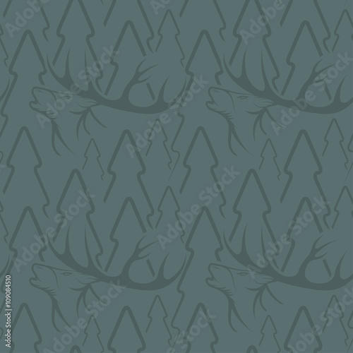Seamless pattern for hunting theme. With deer, duck, gun, bird a