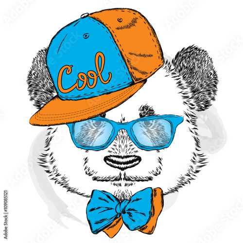 Fototapeta Naklejka Na Ścianę i Meble -  Cute panda wearing a cap and sunglasses. Vector illustration.