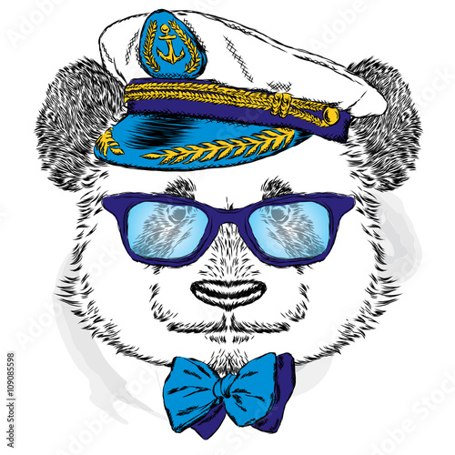 Fototapeta Naklejka Na Ścianę i Meble -  Funny panda in the captain's cap. Vector illustration.