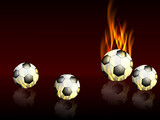 Sports background with soccer balls with reflections and flames, vector illustration