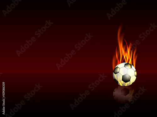 Sports background with a burning football ball with reflection, vector illustration