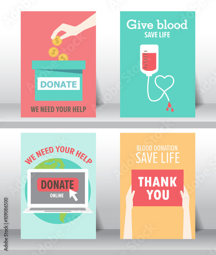 give and share your love to poor people. charity and donation poster set. flat design. can be use for background and invitation card. brochure layout template in A4 size. vector illustration
