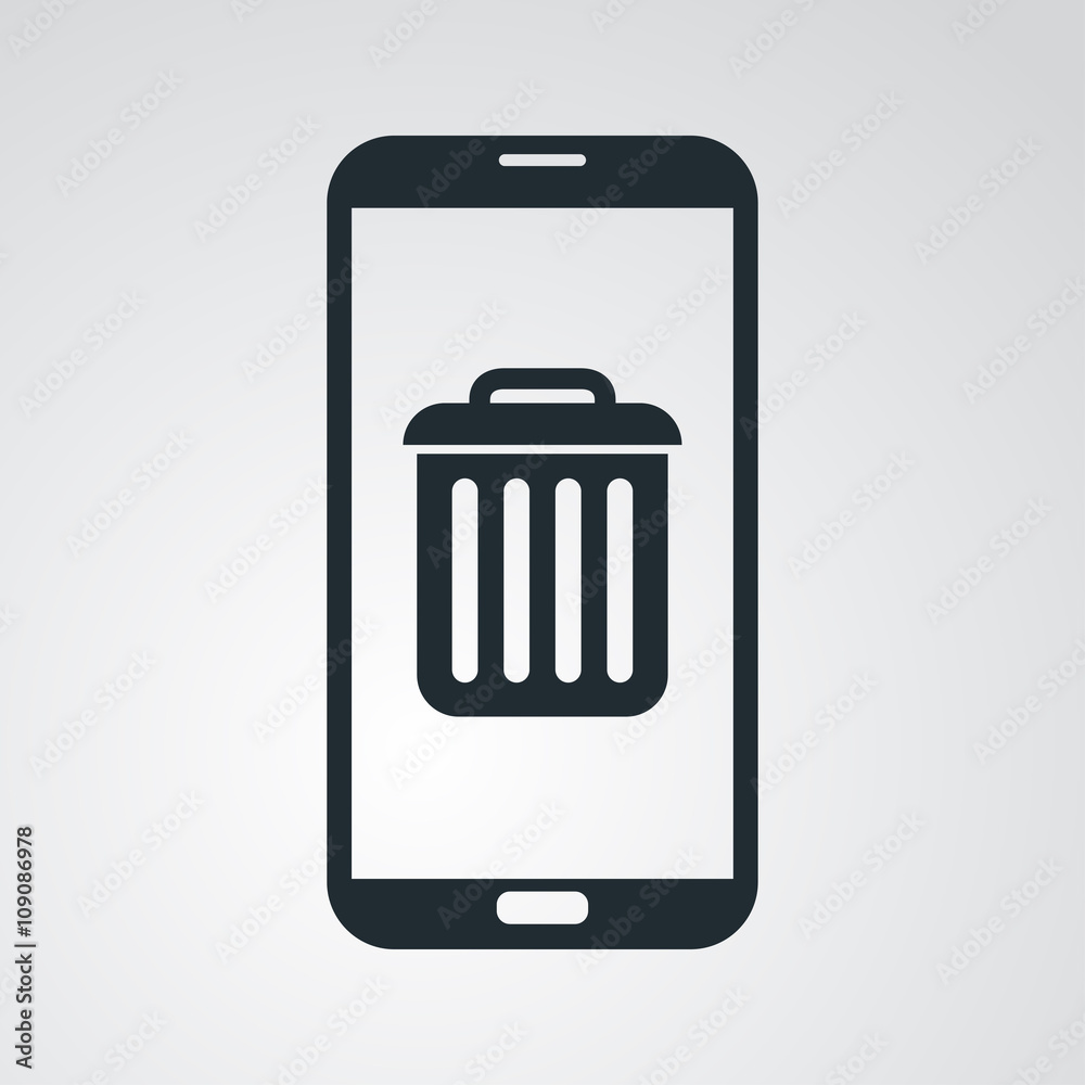 Icono plano smartphone con cubo basura en fondo degradado Icono plano smartphone con cubo basura en fondo degradado