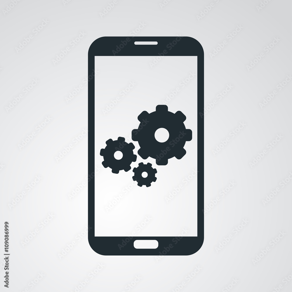 Icono plano smartphone con engranajes en fondo degradado Icono plano smartphone con engranajes en fondo degradado