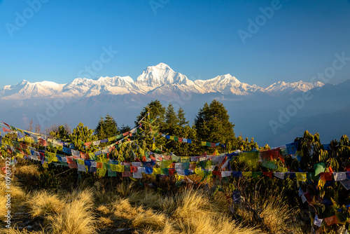 Annapurna summit with view from Poonhill, tibetan praying flags in the front, Nepal photo