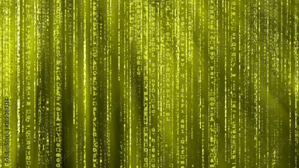 Yellow animated matrix background, computer code with symbols and characters.