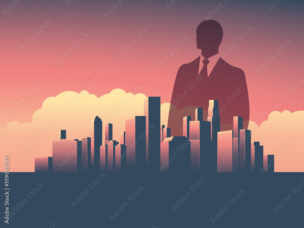 Urban skyline cityscape with businessman standing over. Double exposure vector illustration landscape background.
