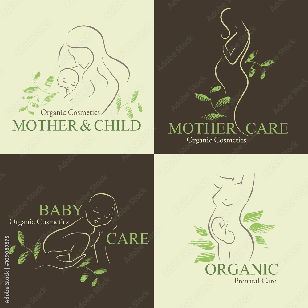Fototapeta premium Organic Cosmetics Design elements with contoured pregnant women and newborn babies