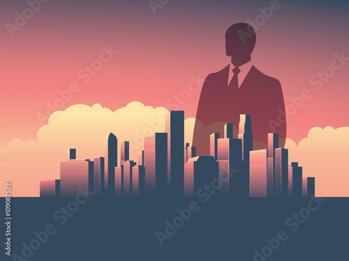 Urban skyline cityscape with businessman standing over. Double exposure vector illustration landscape background.
