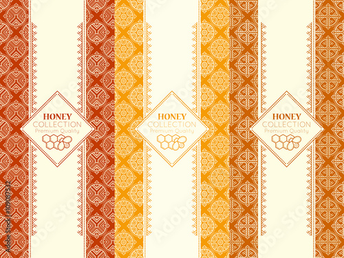 Vector design kit with honey package design layout and seamless patterns