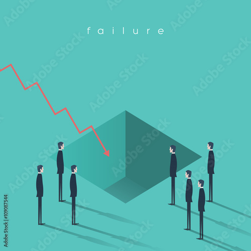Financial crisis symbol with a hole in the ground and graph. Businessman standing around. Sign of bankruptcy, economy fall.