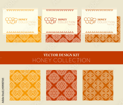 Vector design kit with honey business card templates and seamless patterns.