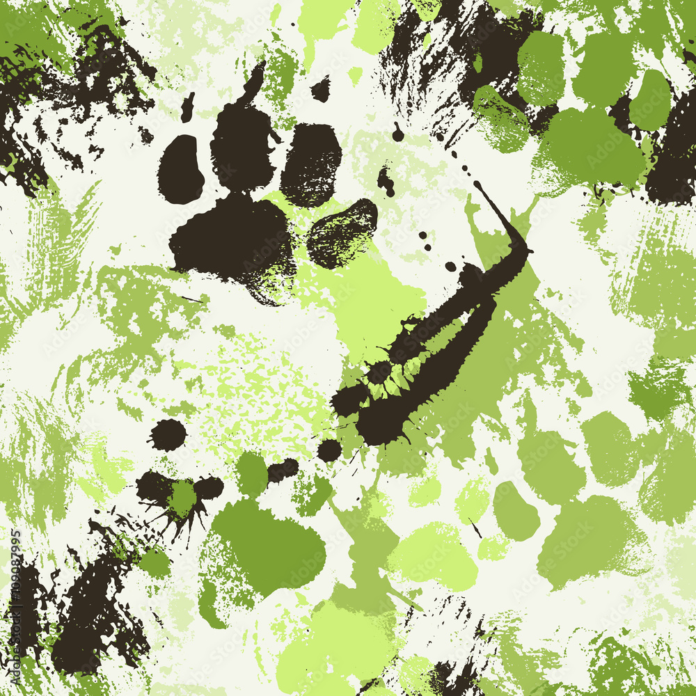 Obraz Wektor wzór z odpryskami atramentu i ślady łap psa
