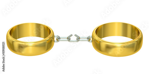 Divorce concept with wedding rings, 3D rendering