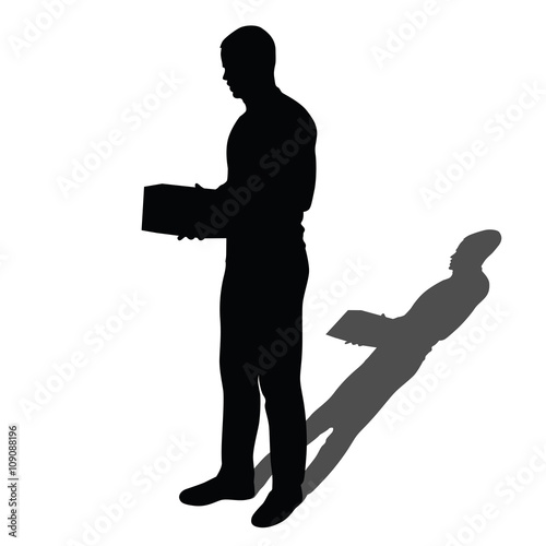 Porter delivers package. Delivery man holding small package, vec