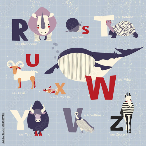 Animals alphabet. R, s, t, u, v, w, x, y, z letters. Rhinoceros, snail, tortoise, urial, vulture, whale, x-ray fish, yak, zebra. photo
