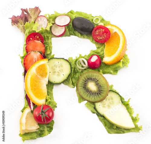 Letter R made of salad and fruits