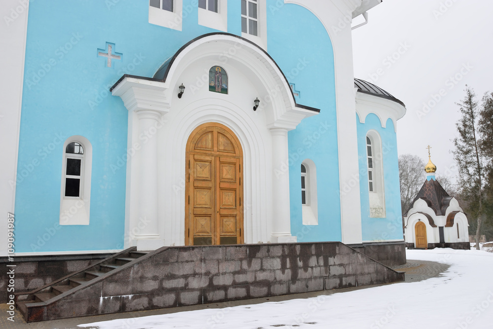 The entrance to blue stone Orthodox Church