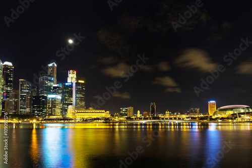 Landscape of the Singapore financial district and business buildings in lights at night outdoors