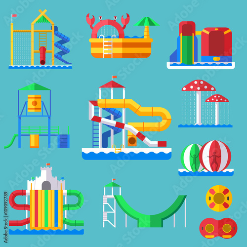 Water amusement aquapark playground with slides and splash pads for family fun vector illustration.
