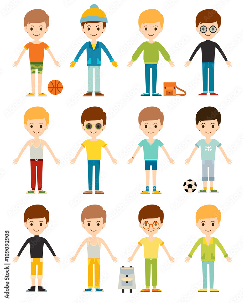 Set cute happy cartoon boys characters childhood young active lifestyle vector illustration