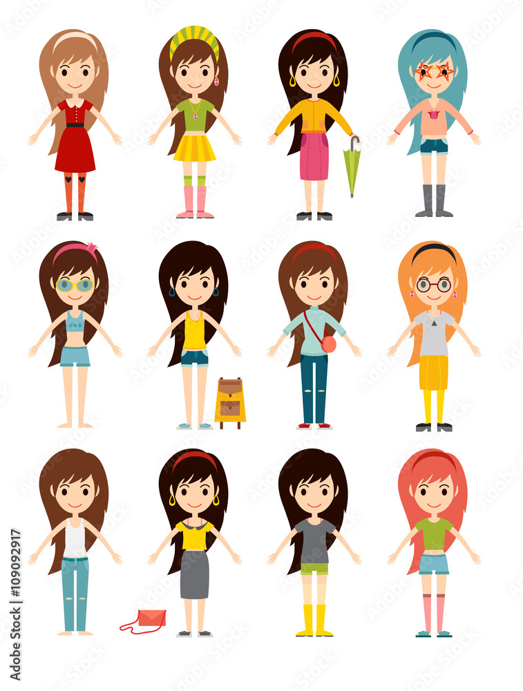 Funny cartoon girls cute female young woman happy character set vector illustration Funny cartoon girls cute female young woman happy character set vector illustration