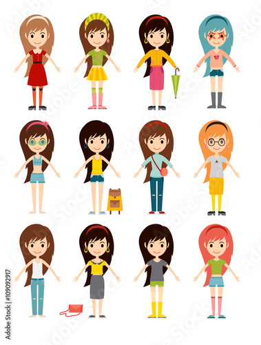 Funny cartoon girls cute female young woman happy character set vector illustration © Vectorvstocker