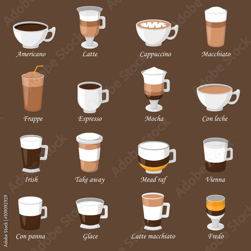 Coffee cups different cafe drinks types espresso mug with foam beverage breakfast morning sign vector.