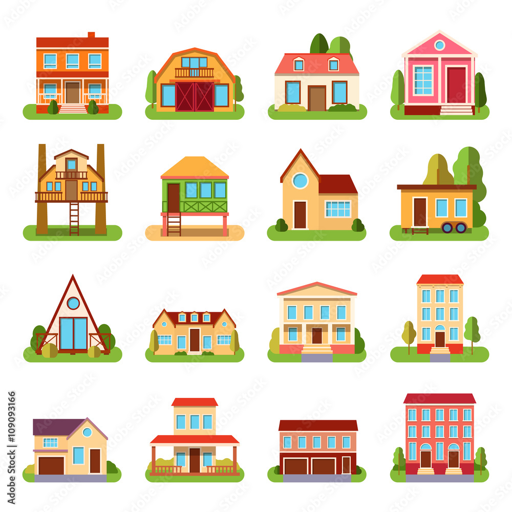 Set of detailed colorful cottage house building flat style modern constructions vector illustration