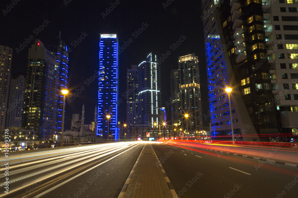 Night city skyline in Marina district, Dubai