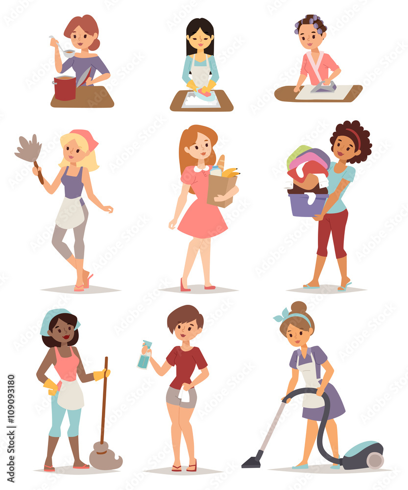 Set of housewife icon homemaker cleaning ironing cook wash and shopping vector illustration.