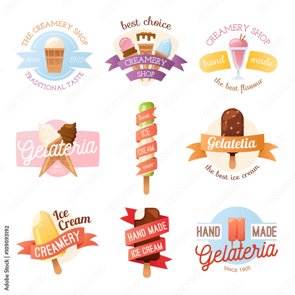 Icecream badges ribbons food sticky, chocolate cold retro dessert vector illustration.