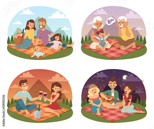 Family picnicking summer happy lifestyle park outdoors together, enjoying meadow vacation character vector.