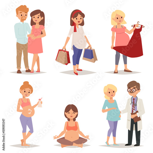 Young pregnant woman, pregnancy female belly expecting beautiful future mother character vector set.