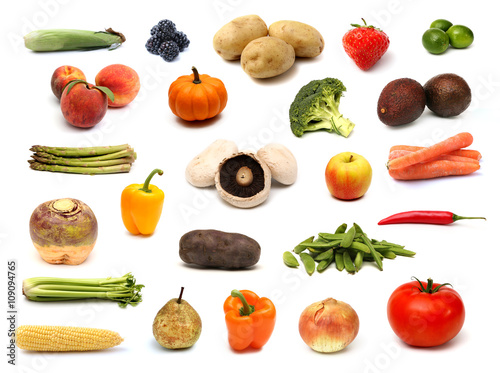 Raw Fruit and Vegetable Collage on a White Background