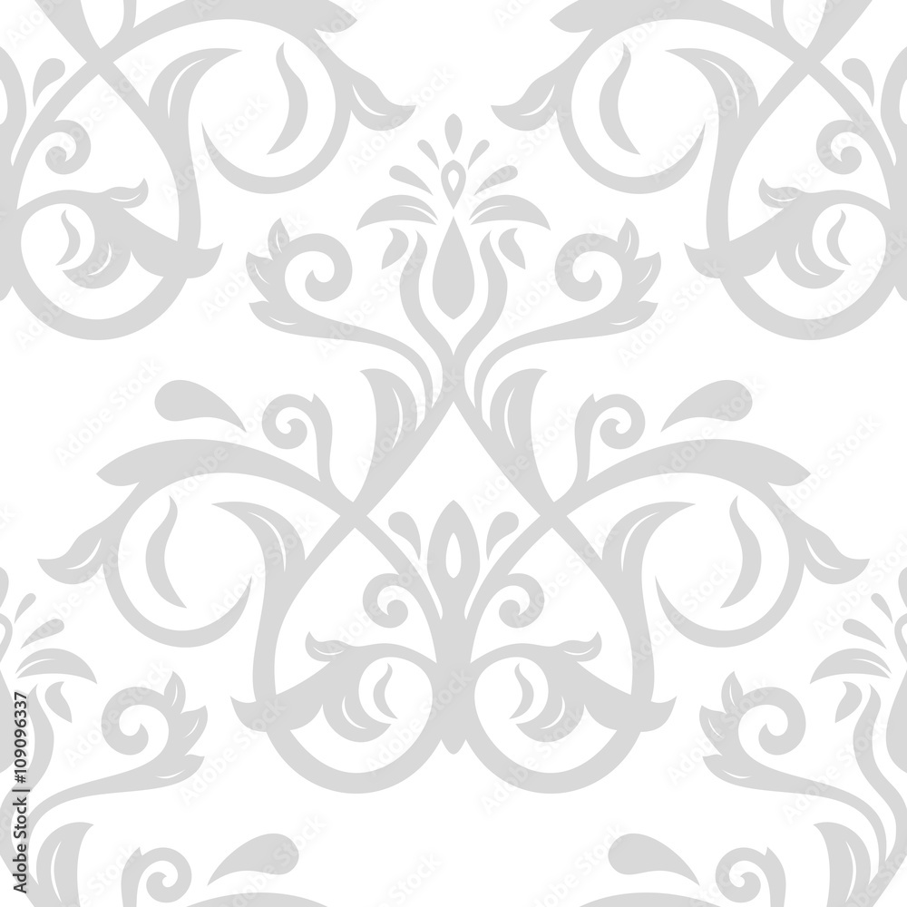 Damask seamless light silver ornament. Traditional pattern. Classic oriental background for design and decorate