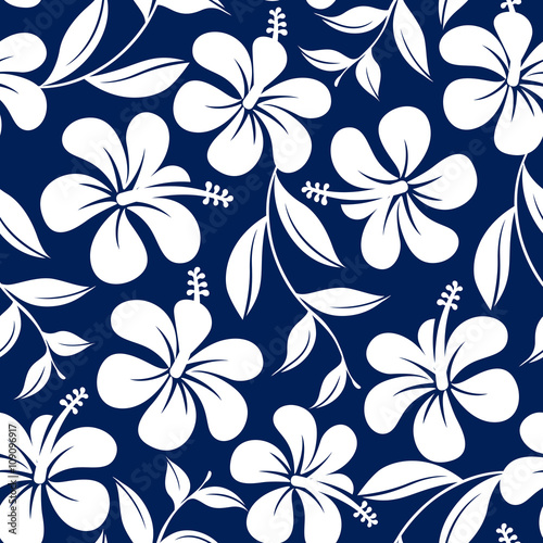 Blue and white tropical hibiscus flowers and leaves seamless pat