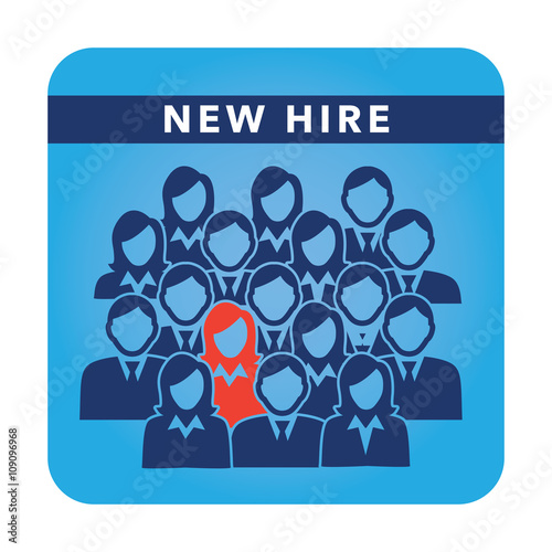 New Hire Button Portraying Different People with Men and Women in Suits and One Person Standing Out as the Person who got Hired