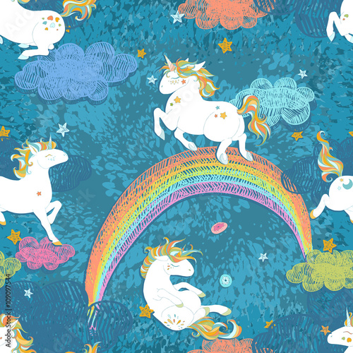 Seamless pattern with Cute Baby Unicorns. Colorful night sky with rainbow, stars, clouds, freehand doodle  decoration. Hand drawn vector illustration, separated elements.