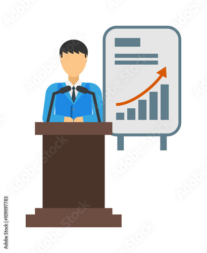 Journalists microphones, dictaphones and man standing at rostrum report conference vector.