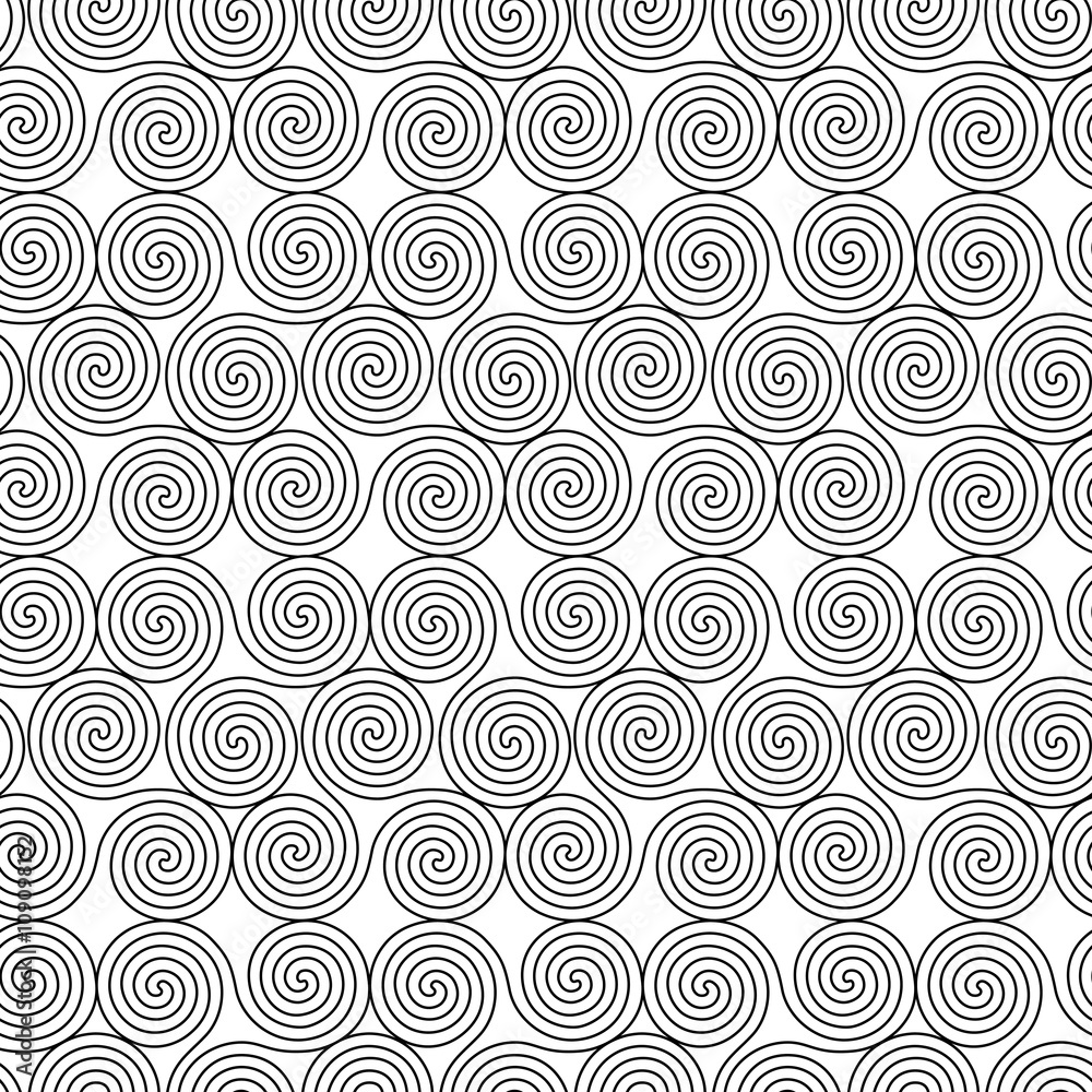 Seamless monochrome pattern with triple spiral shapes