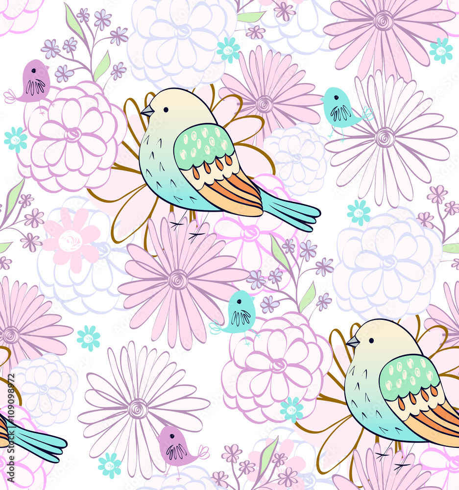 Stylish floral background with cartoon  bird in light colors.