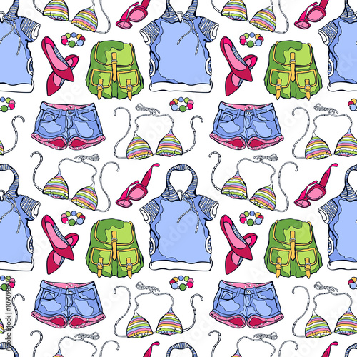 Women's summer clothing: sports jacket, shorts, bikini swimsuit, sunglasses, backpack, ballet shoes, bracelet. Seamless vector pattern (background).