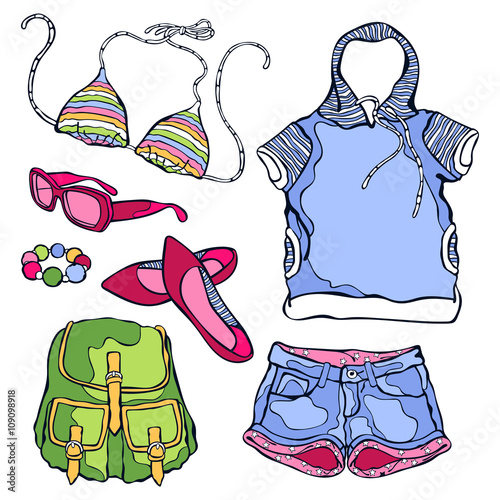Women's summer clothing: sports jacket, shorts, bikini swimsuit, sunglasses, backpack, ballet shoes, bracelet. Isolated vector object on white background.