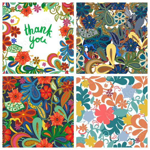 Set of floral backgrounds.  Thank you  lettering. Vector illustration.