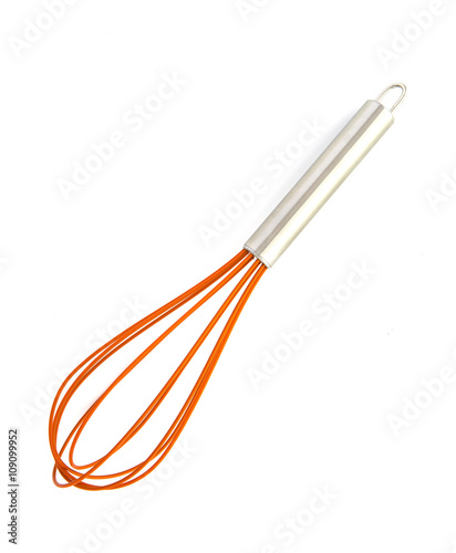 Modern Orange Wisk with Stainless Steel handle on a white backgr photo