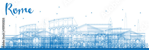 Outline Rome skyline with blue landmarks.